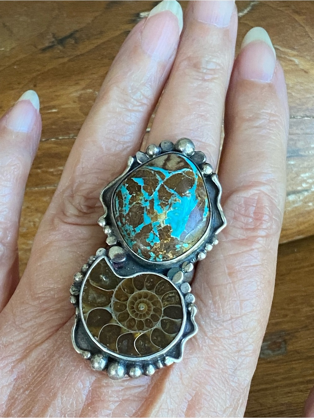 Fossil Ammonite & Turquoise Sterling Statement Ring - Picture 8 of 8